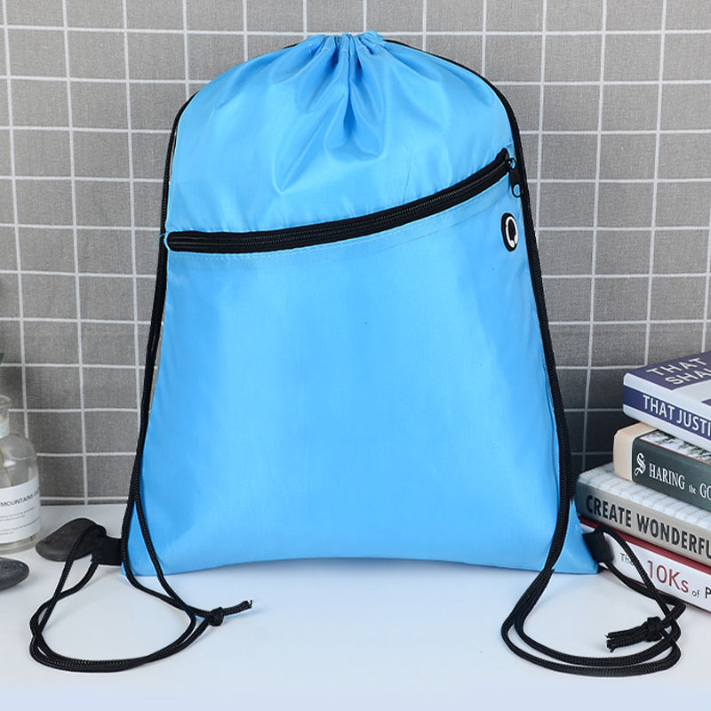 Sacs de sport durables en polyester avec cordon de serrage, vente en gros, avec poche avant à fermeture éclair