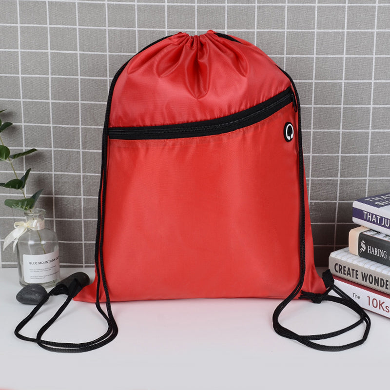 Sacs de sport durables en polyester avec cordon de serrage, vente en gros, avec poche avant à fermeture éclair