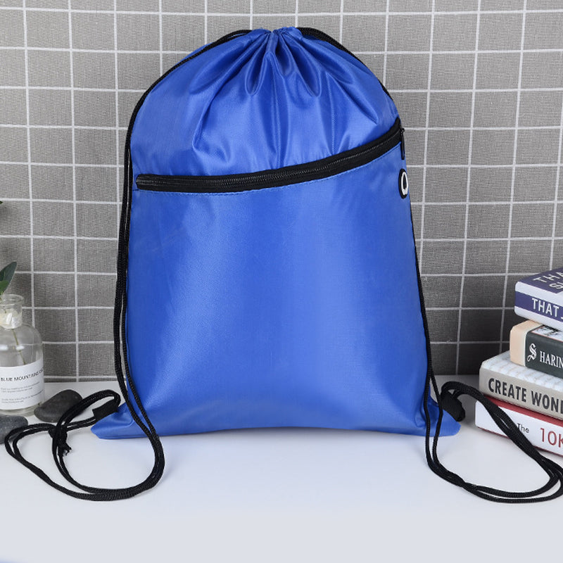 Sacs de sport durables en polyester avec cordon de serrage, vente en gros, avec poche avant à fermeture éclair