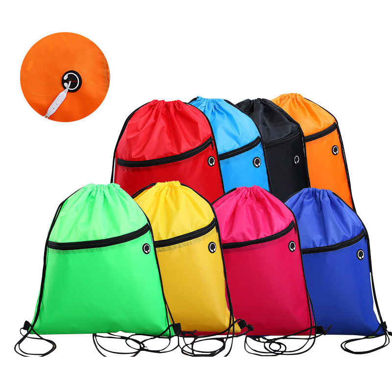 Sacs de sport durables en polyester avec cordon de serrage, vente en gros, avec poche avant à fermeture éclair