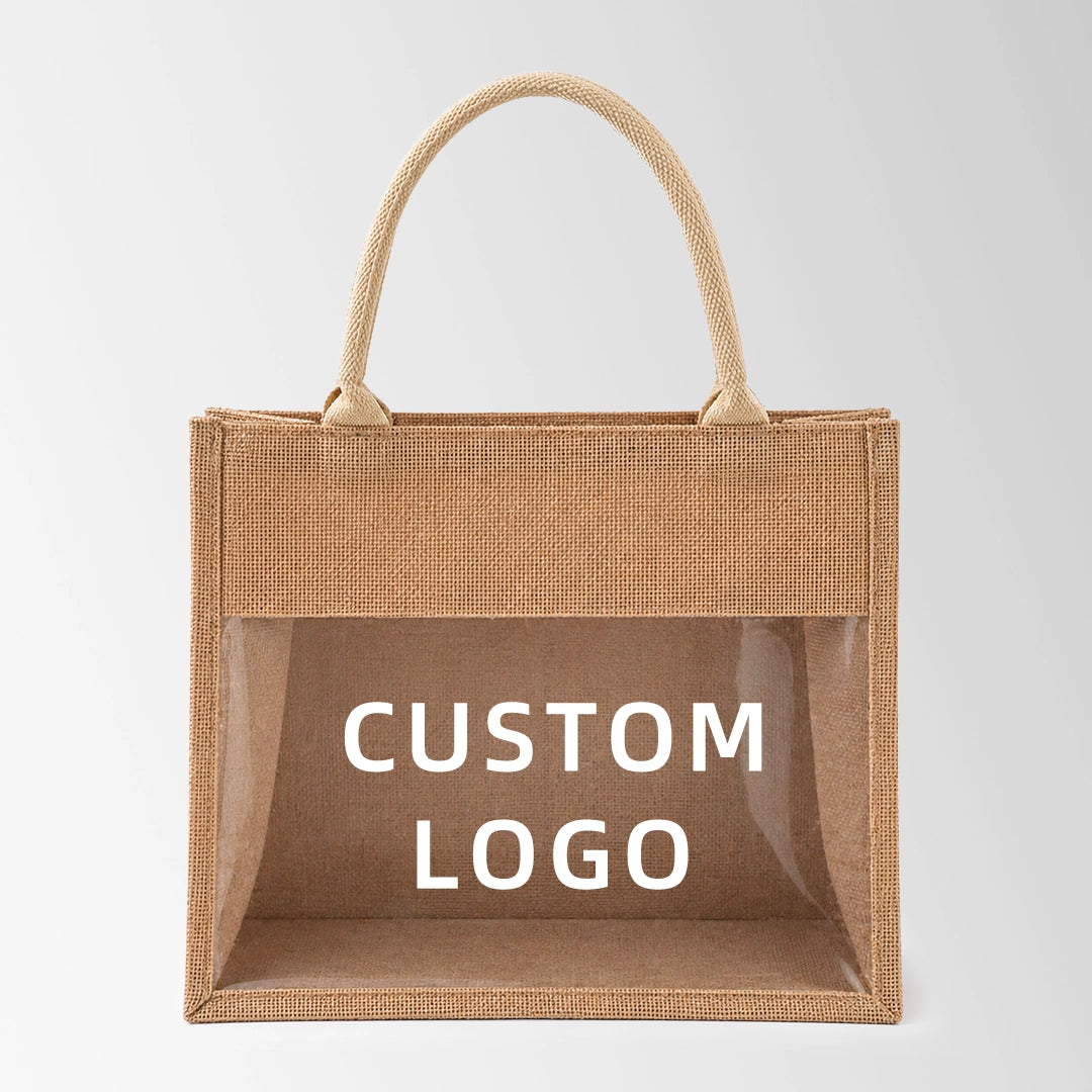 Waterproof Lining Clear Window Custom Jute Tote Bags